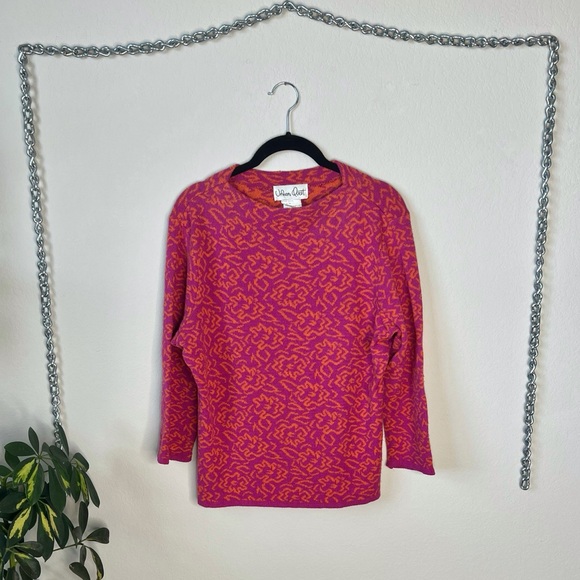 Vintage 1980s Funky Abstract Floral Print Knit Slinky Stretch Sweater size L - Picture 3 of 5